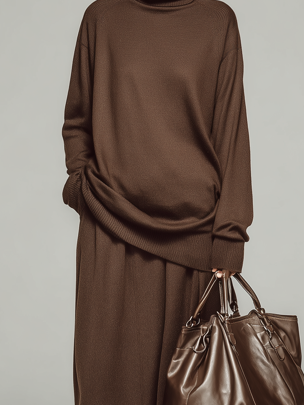 Women's Casual Brown Knit Turtleneck Long-sleeved Top Paired With A Long Skirt MDA1511L0AN