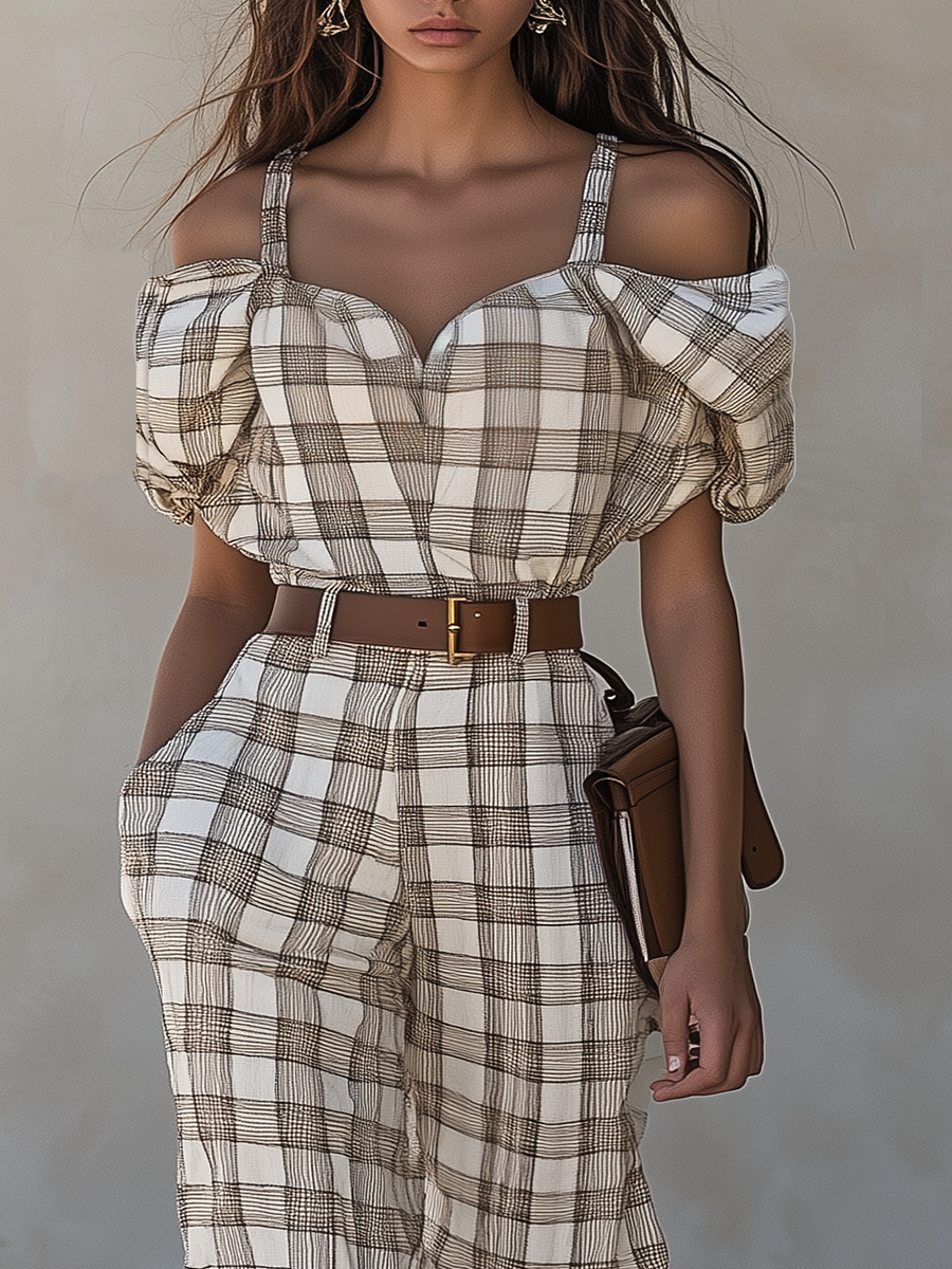 Women's Cold-Shoulder Plaid Wide-Leg Jumpsuit MDA2175G6T