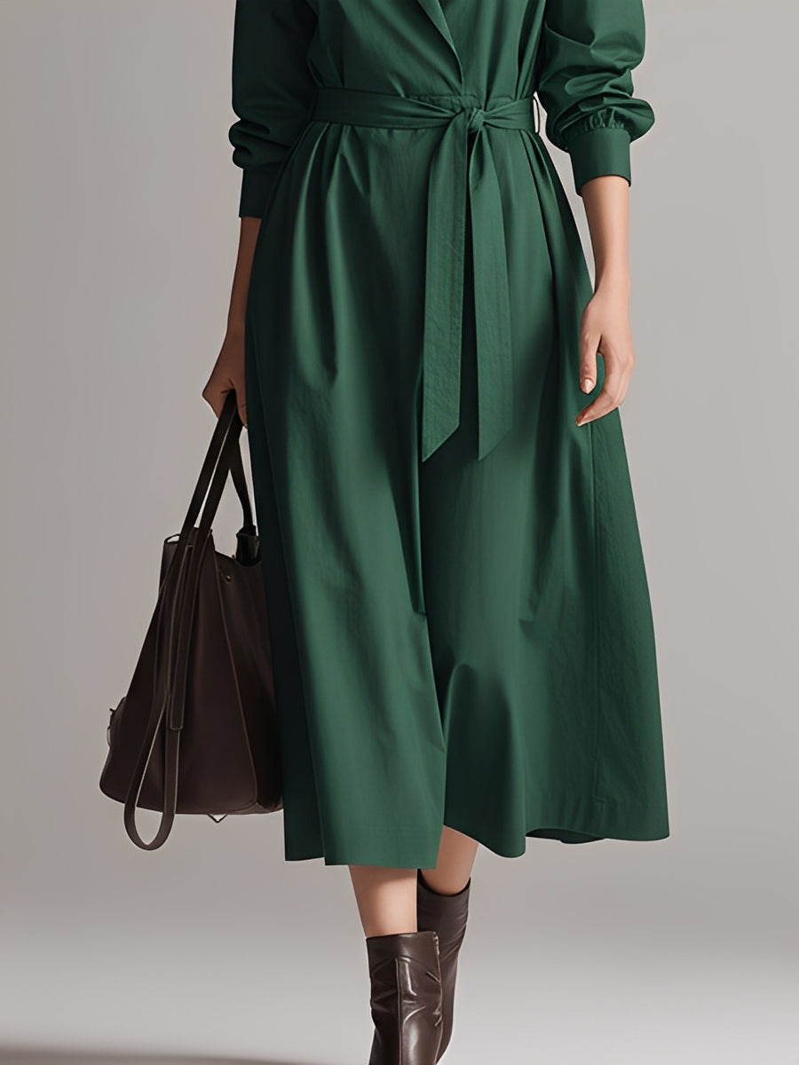 Women's Rich Green Cotton Dress With Wrap Collar & Self-Tie Belt, Timeless Polished-Elegant Style Dress MDA1872L5I