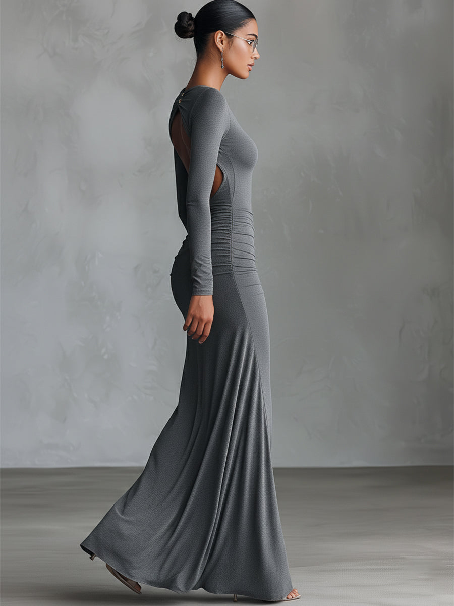 Women's Grey Elegant Stretch - Polyester-Cotton Blend Ruched Open - Back Maxi Dress MDA2860H8I