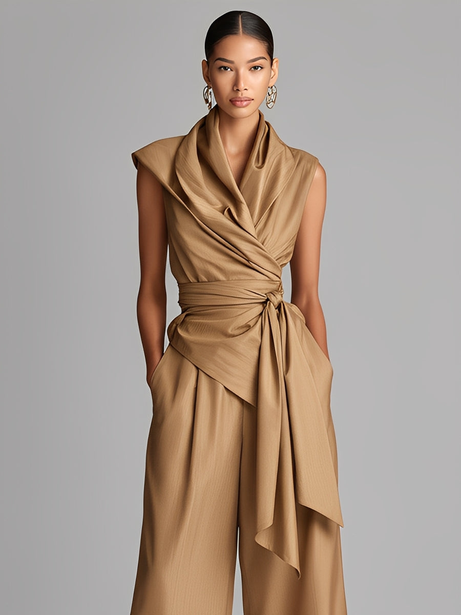 Women's Tan Textured Jumpsuit With Draped Detail & Cropped Wide-Leg Pants, Modern Bold-Chic Style Jumpsuit MDZ0788A5I