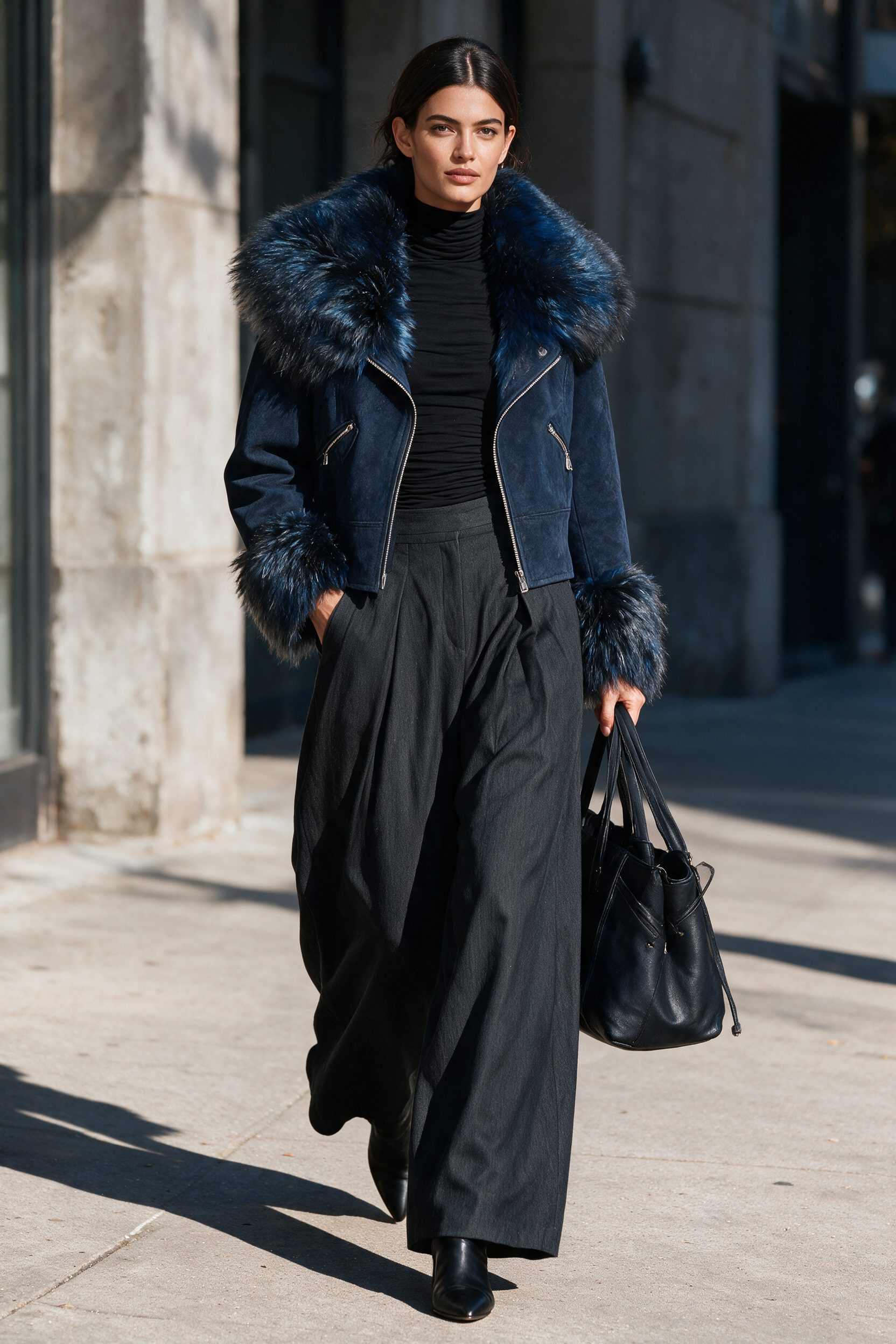 Women's Casual 2-Piece Set Black Stretch-knit Long-sleeve Top And Dark Gray Woven Wide-leg Trousers MDZ2470G8LXY
