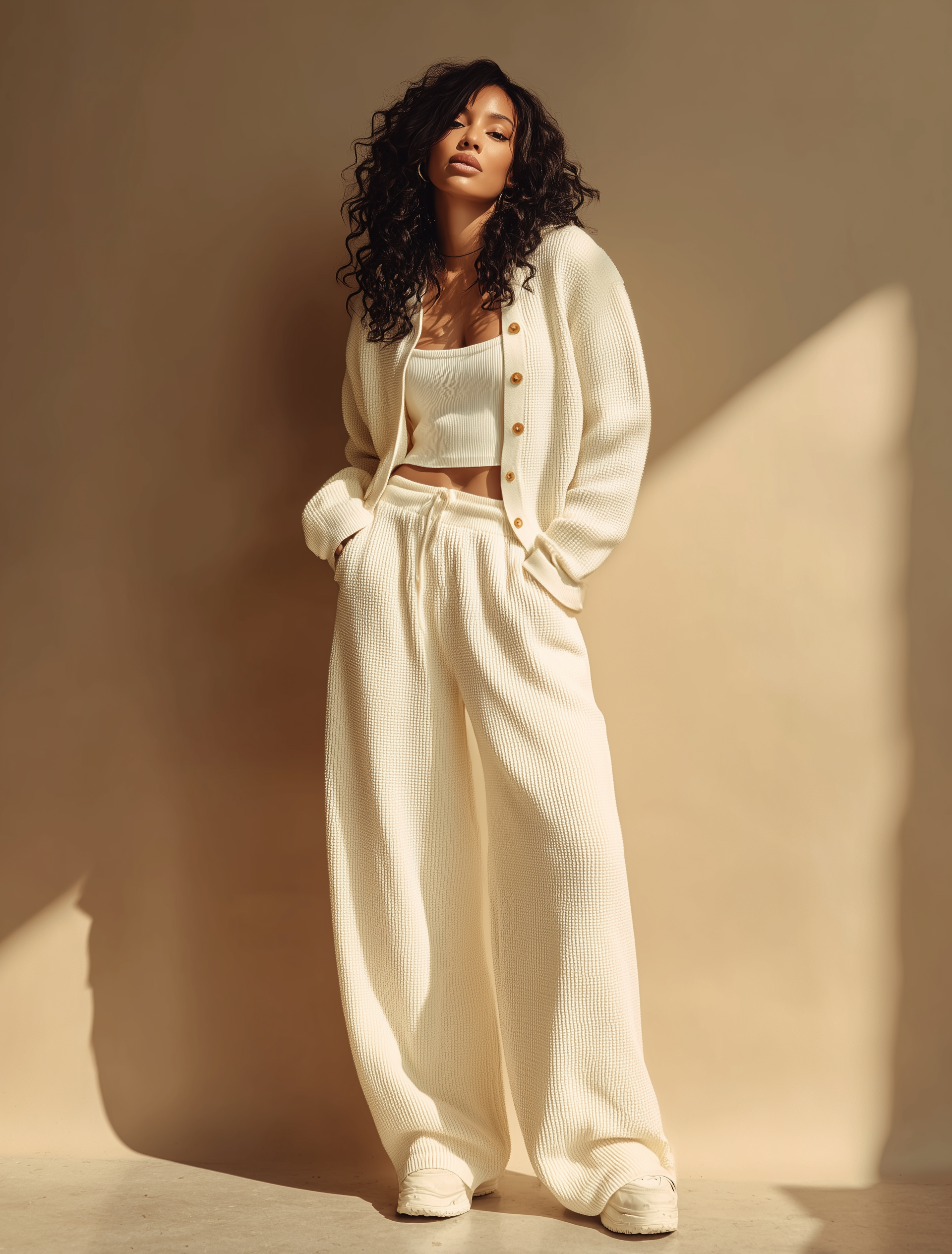 Women's Ivory Waffle Knit Casual Button Cardigan (without Inner Wear) MDA0567L2I