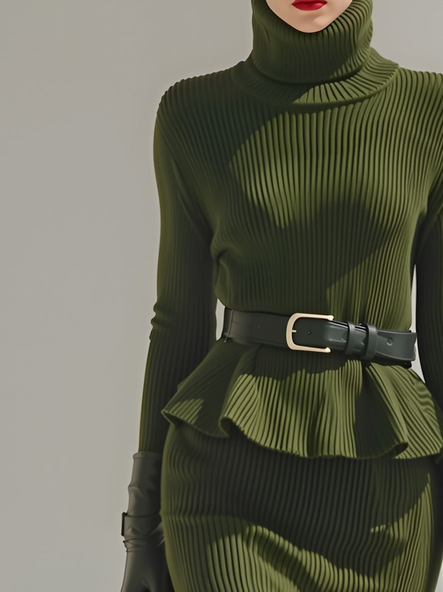 Women's Green Elegant Fashion High-Neck Slim Fit Ruffled Bodycon Long Skirt Set MDA0754K6AN