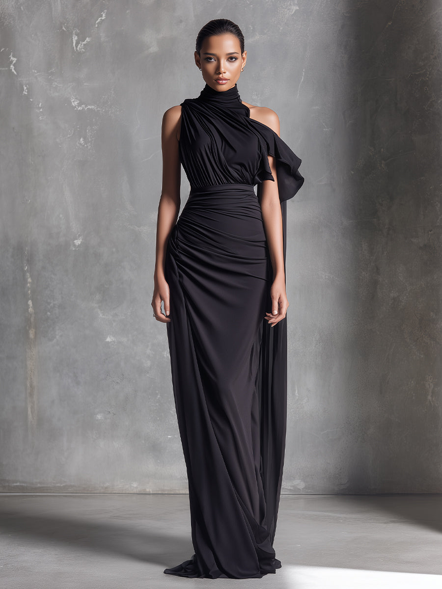 Women's Black Maxi-length Polyester-cotton Blend Dress, One-shoulder Design + Ruffle Embellishment, A Sophisticated Party-style Dress MDA0499K0I