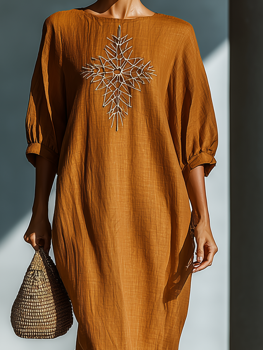 Women's Caramel Cotton And Linen Blend Comfortable Embroidered Maxi Dress MDA0880H1T