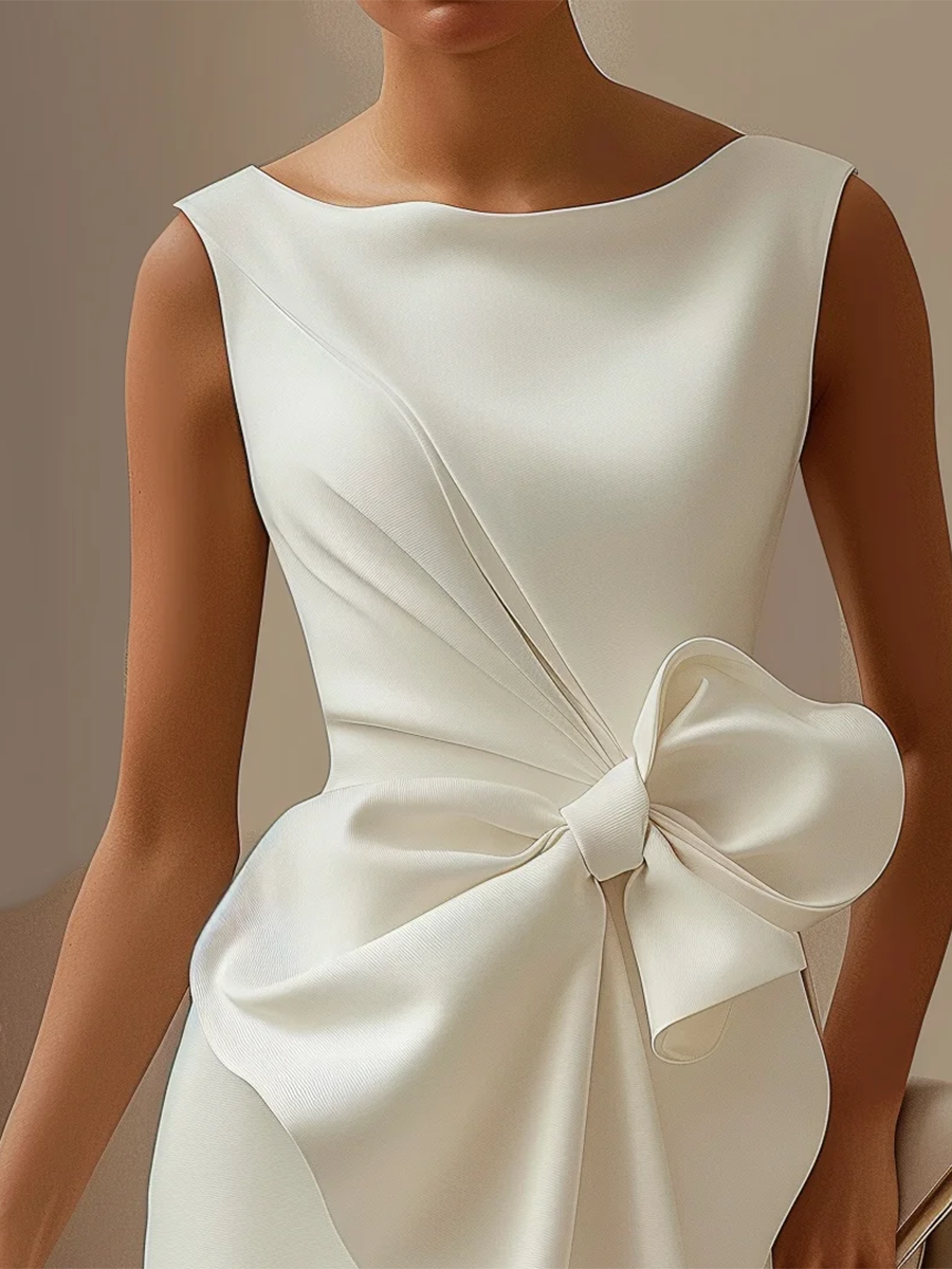 Women's Stylish Solid Color Round Neck Sleeveless Bow Hem Slit Midi Dress MDA1106F7Y