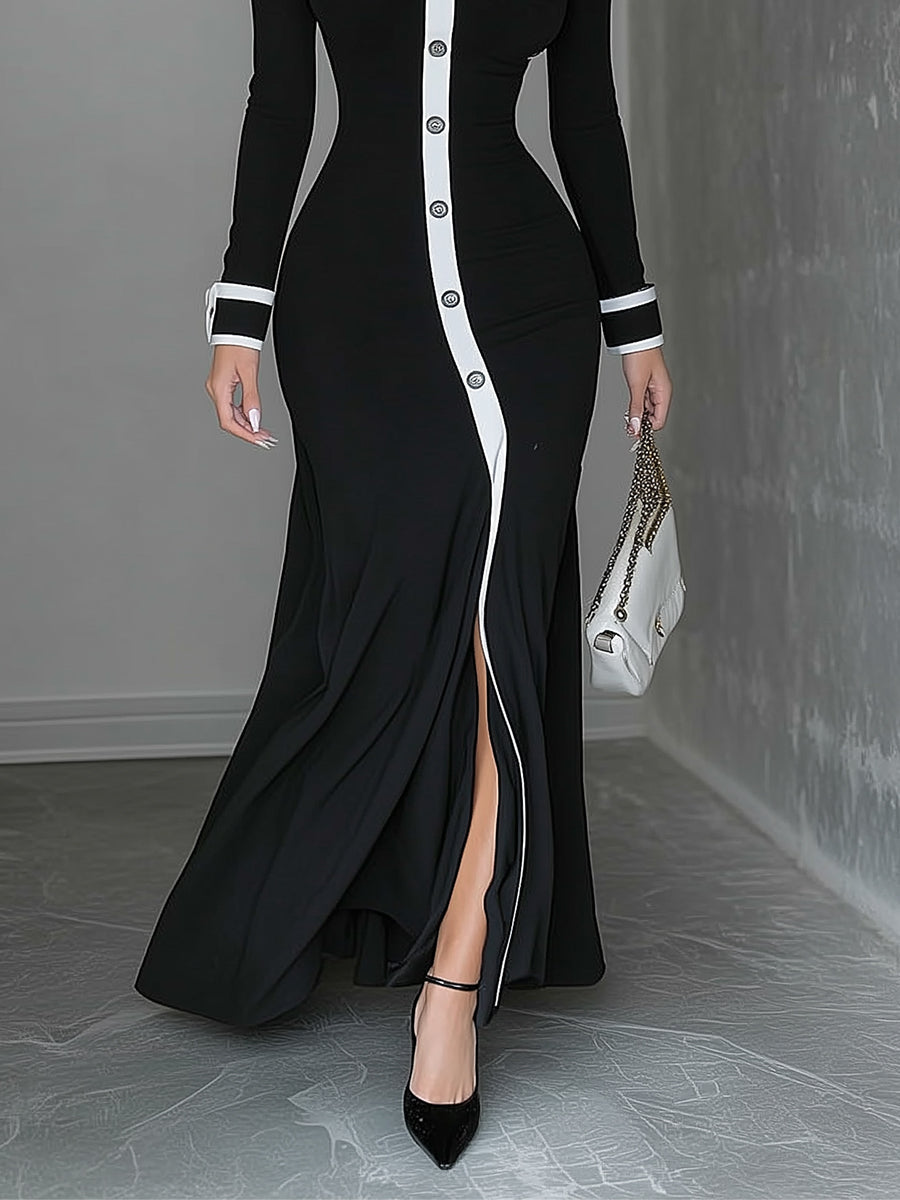 Women's Black And White Contrast Slim Long Shirt Dress MDA1245I6A