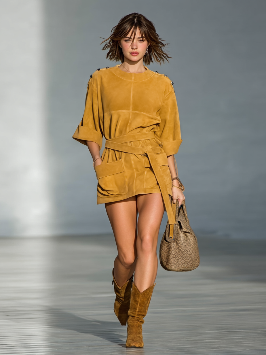 Women's Loose Faux Suede Elbow Sleeve Belted Mini Dress MDA1667I9Y