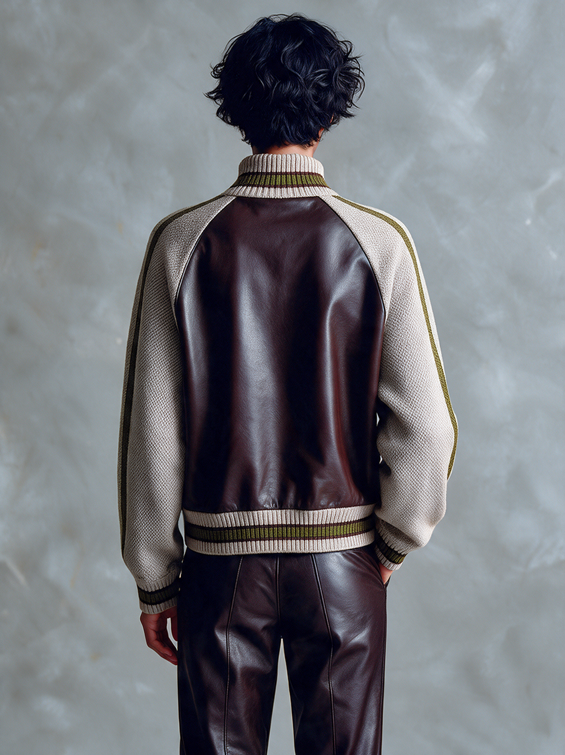 Women's Retro Color-Block Leather & Knit Panel Jacket