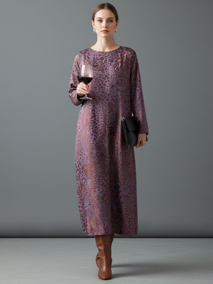 Women's Loose Leopard Jacquard Round Neck Long Sleeve Midi Dress MDA2450I1Y