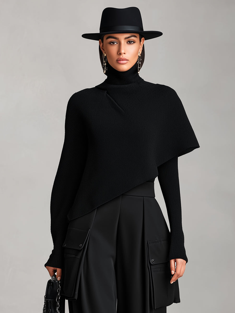 Women's Black Ribbed Knit & Structured Woven Set With Asymmetric Top & Cargo Pants, Modern Edgy Style Set MDA0803L7I