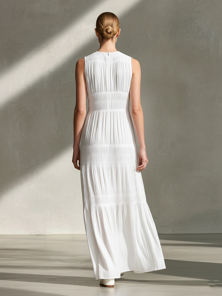 Women's Airy Rayon-Blend White Sleeveless Tiered Pleated Maxi Dress MDA2252L8AU