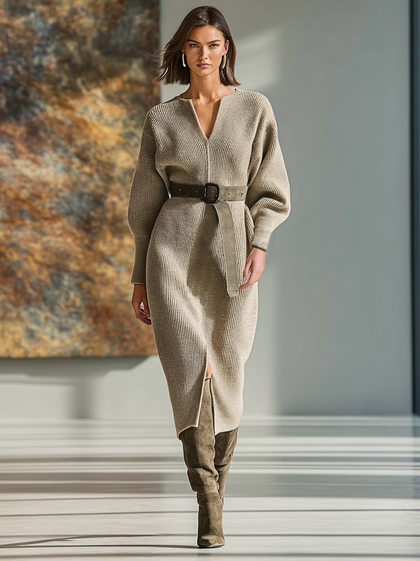Women's Minimalist Knit V-Neck Belted Midi Dress MDA1882I6Y