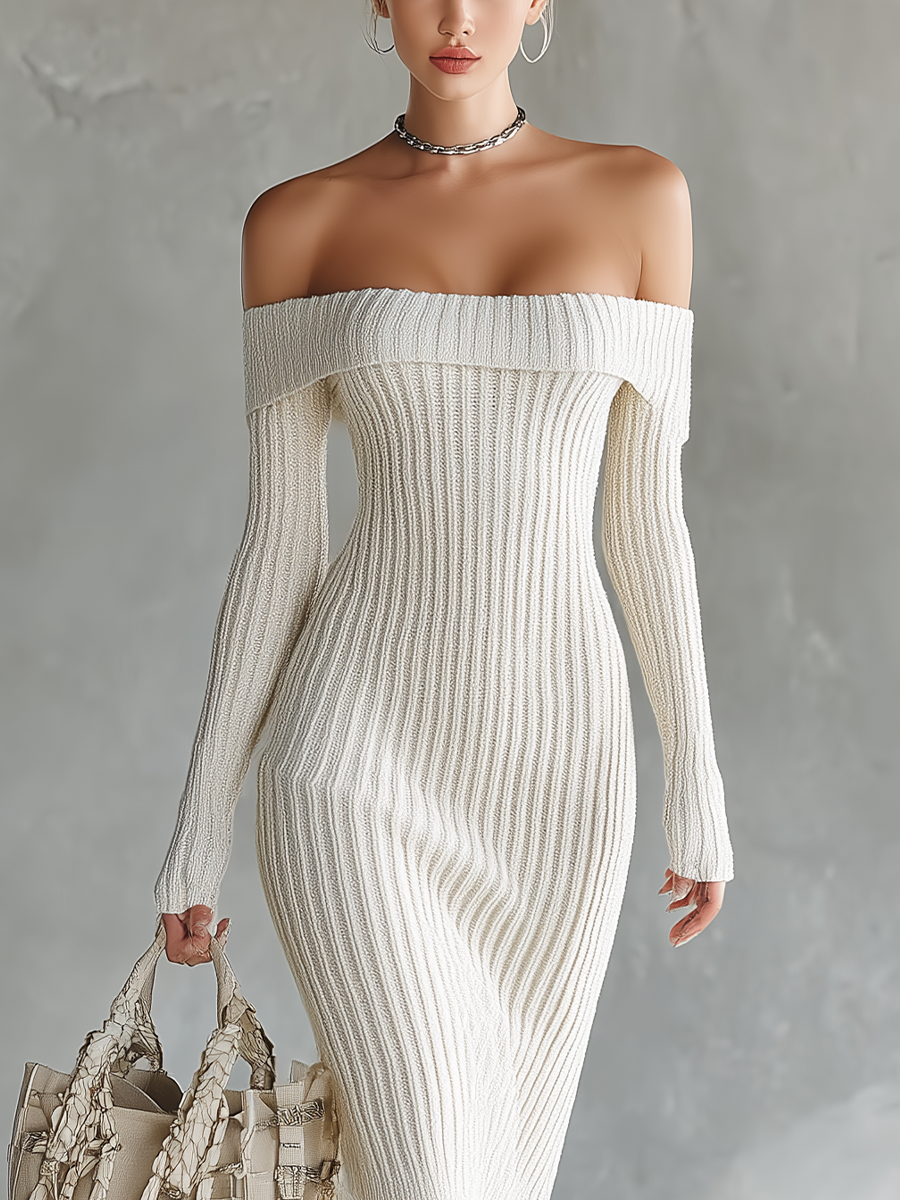 Women's White Knitted Straight-cut Off-shoulder Mini Dress MDA2924J6T