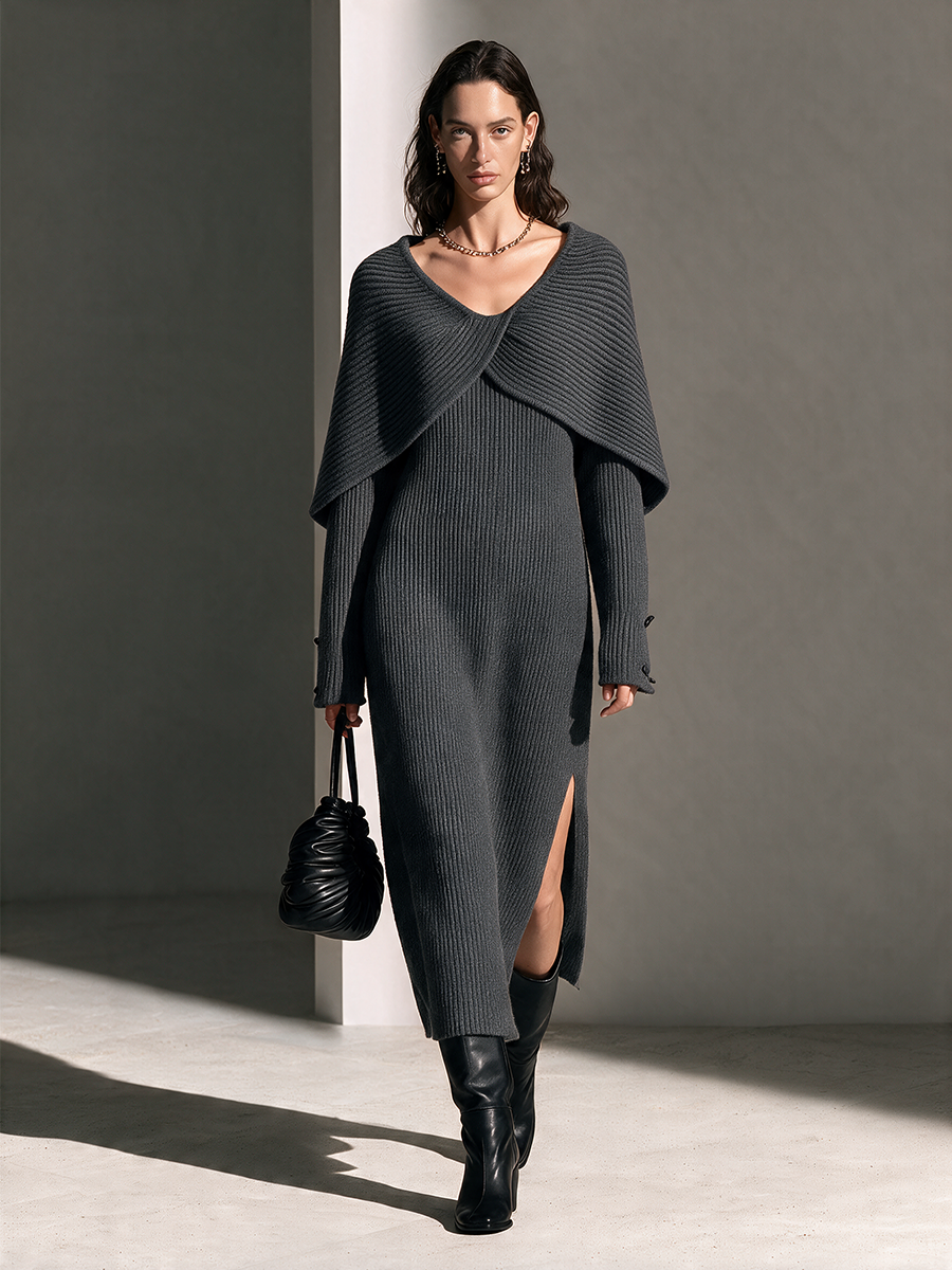 Women's Cape V-Neck Long-Sleeve Slit Wool-Knit Maxi Dress MDZ2821H0CMX