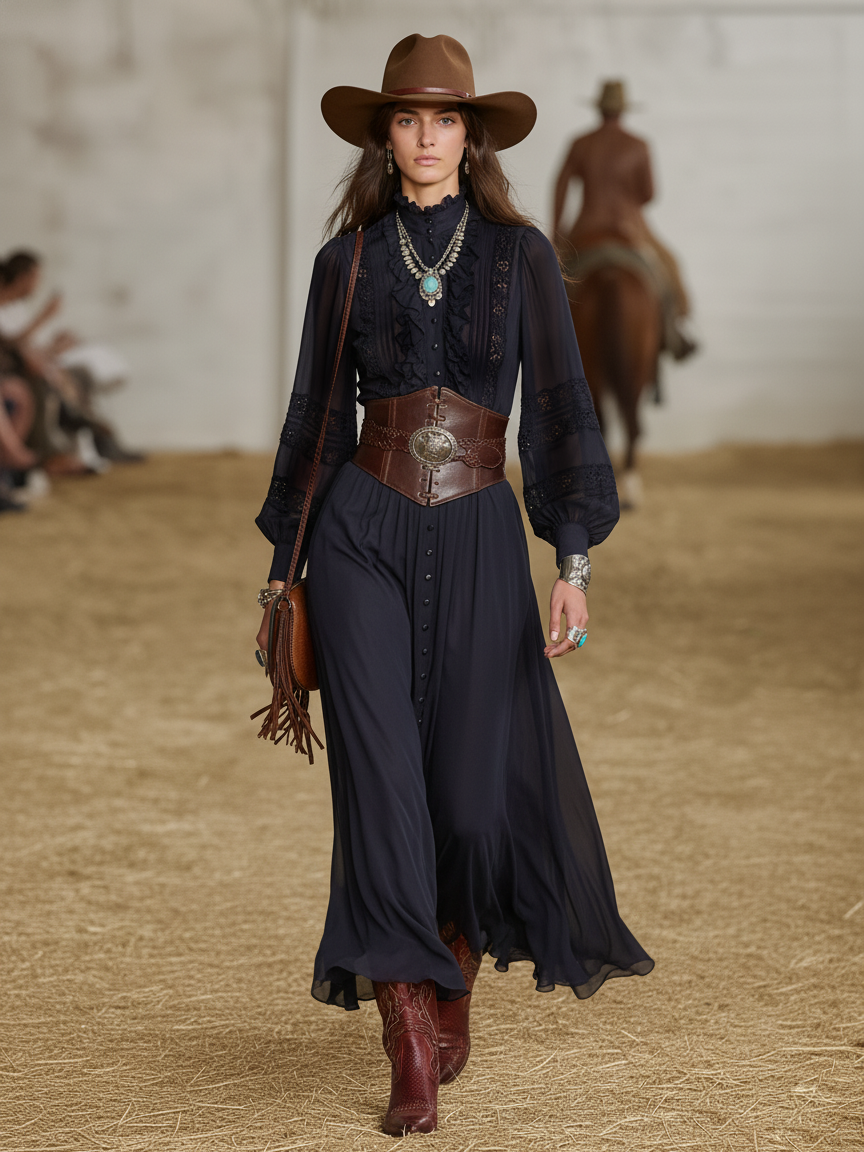 Women's Chiffon Single-breasted Long-sleeved Maxi Dress (belt Not Included) MDA0540K7Y