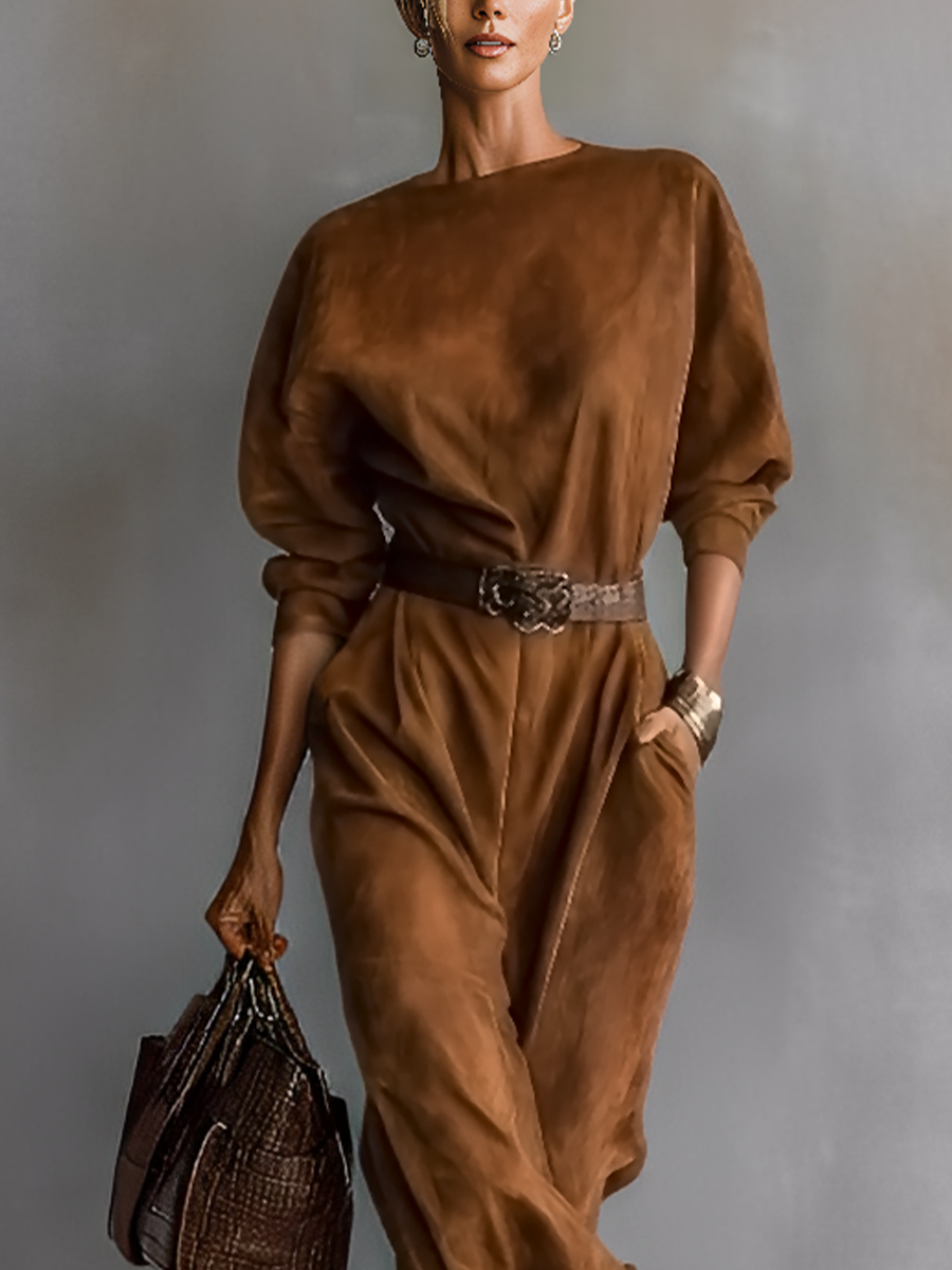 Women's Caramel Brown Faux Suede Loose Maxi Dress (Without Belt) MDA1704I5T