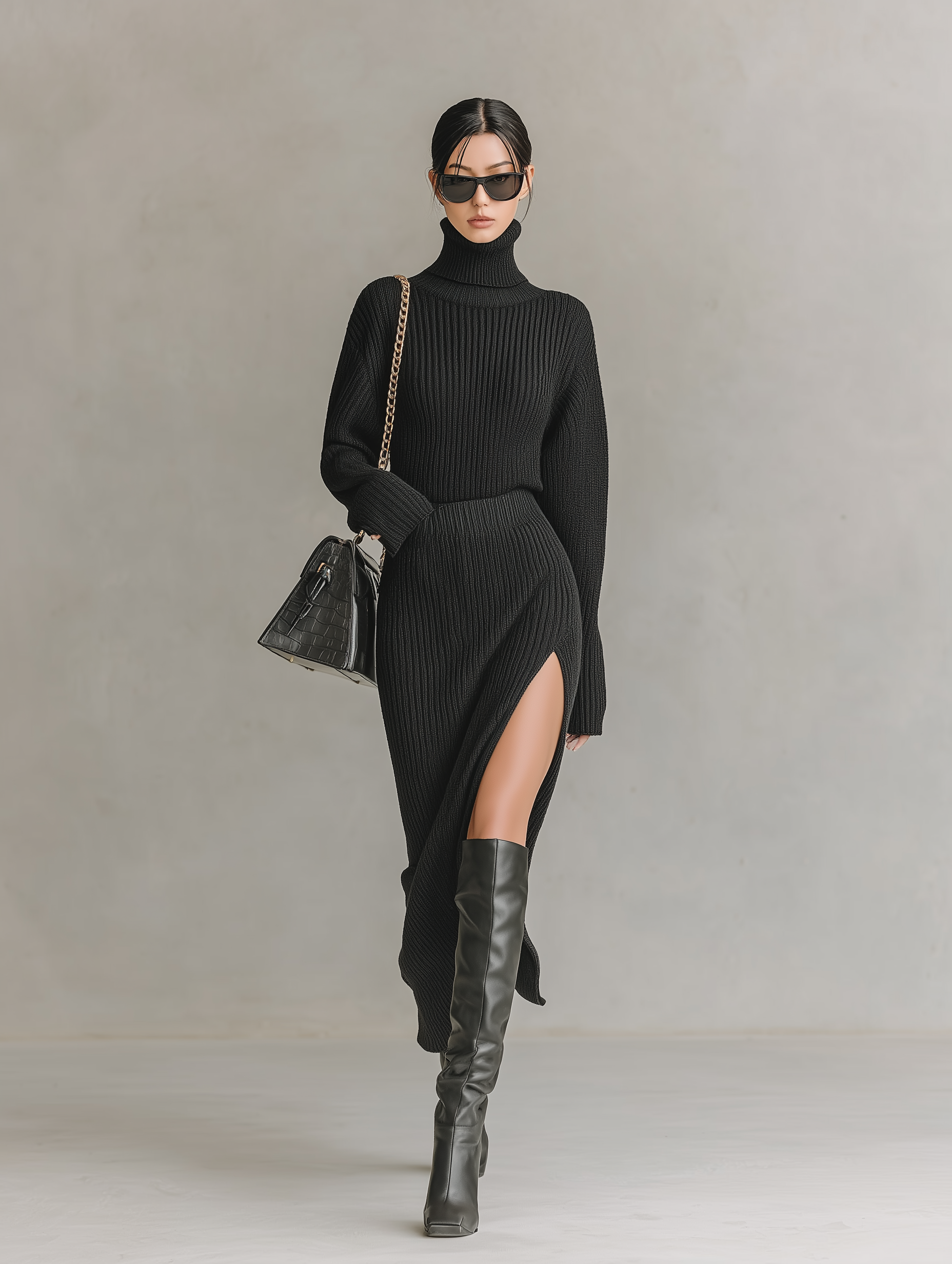 Women's Stylish And Elegant Black Slim-fit Collared Long-sleeved Knit Top Paired With A Matching Slit Skirt MDA2817K1AN