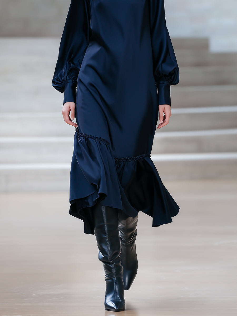 Women's Navy Blue Satin Elegant Dress With Balloon Sleeves & Ruffled Hem, Timeless Chic Style Dress MDA0400K9I