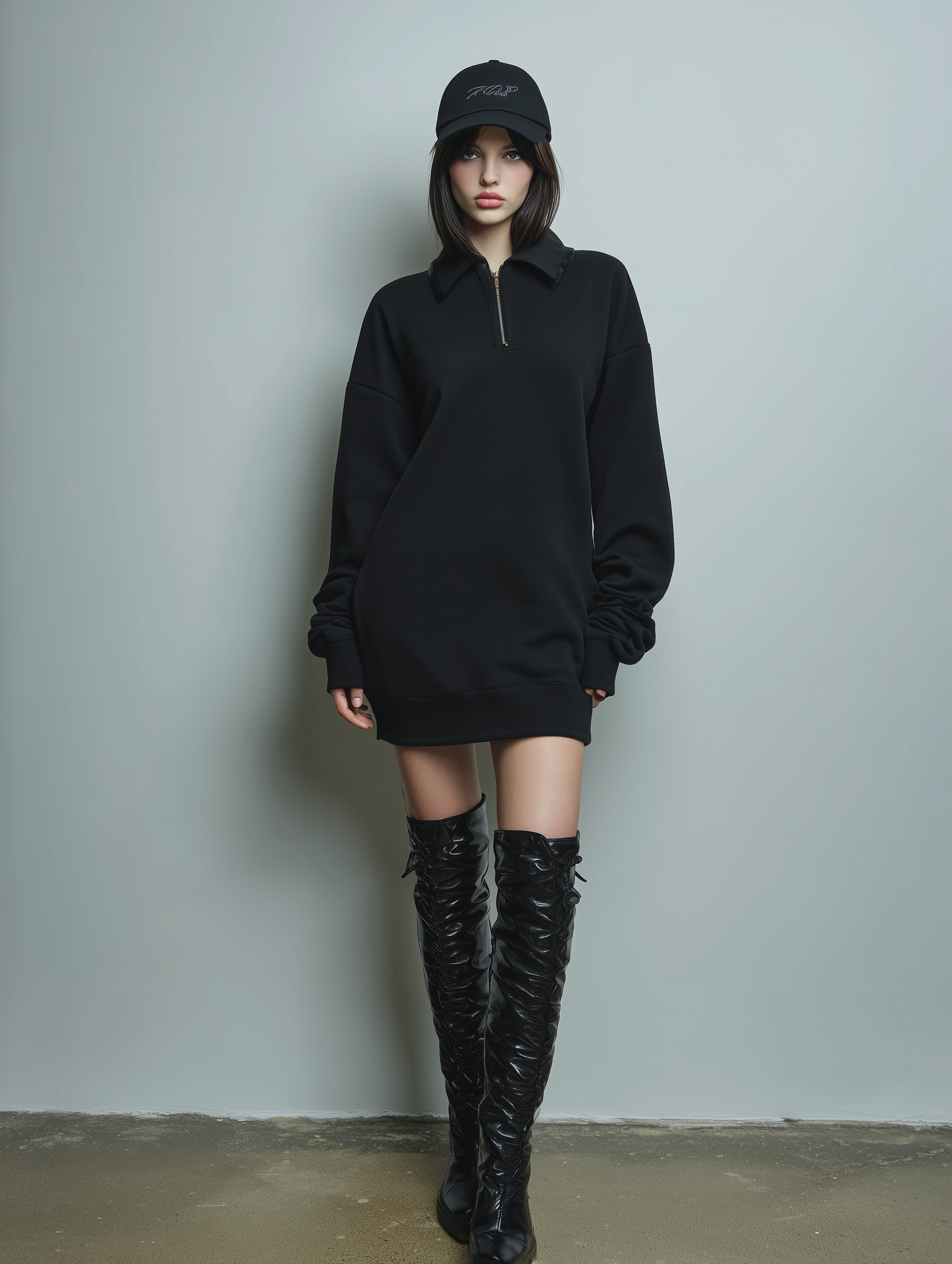 Women's Fashionable And Versatile Sporty Casual Style Black Zip-up Collar Long-sleeved Short Sweatshirt Dress MDA2599K6AN