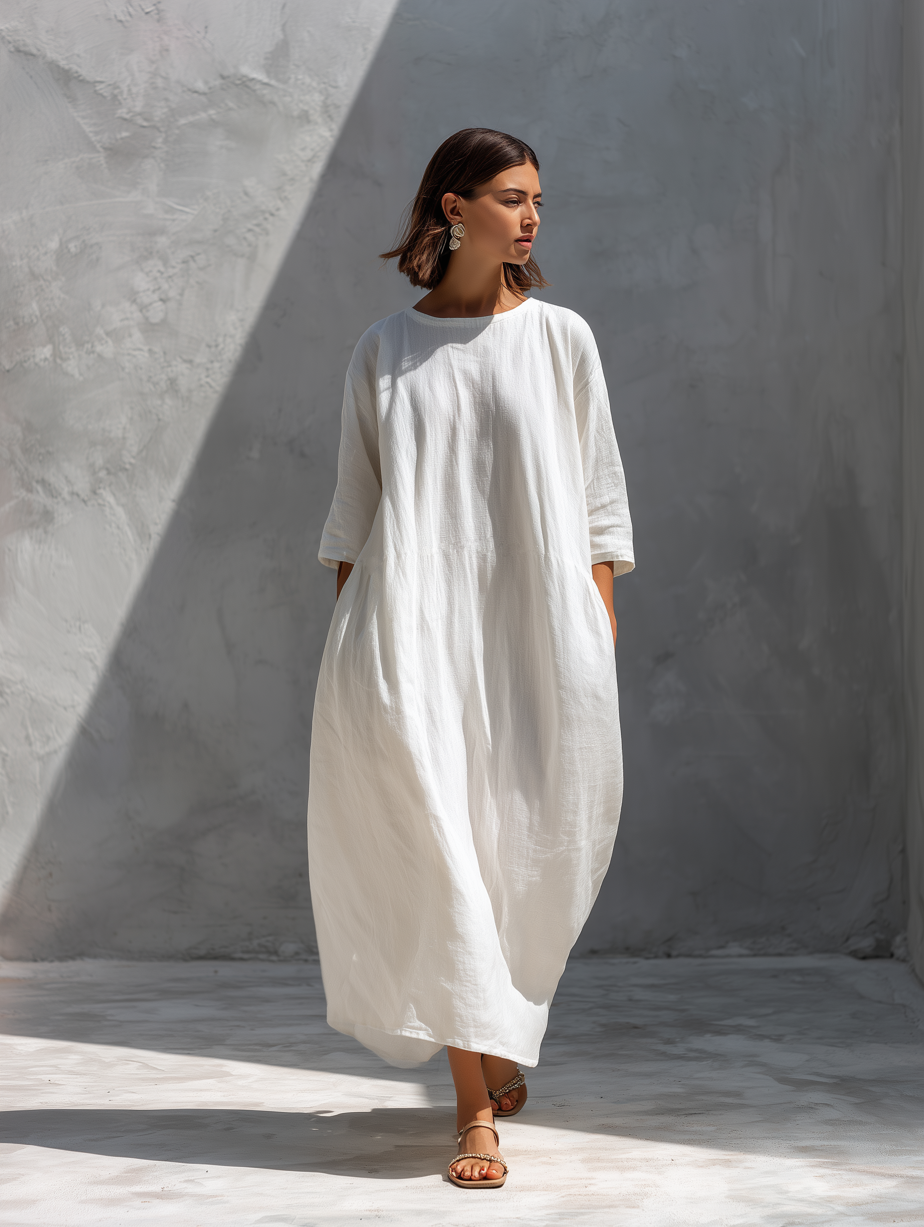 Women's Elegant White Cotton And Linen Blend Round Neck Long-sleeved Loose Maxi Dress MDZ1429A5AN