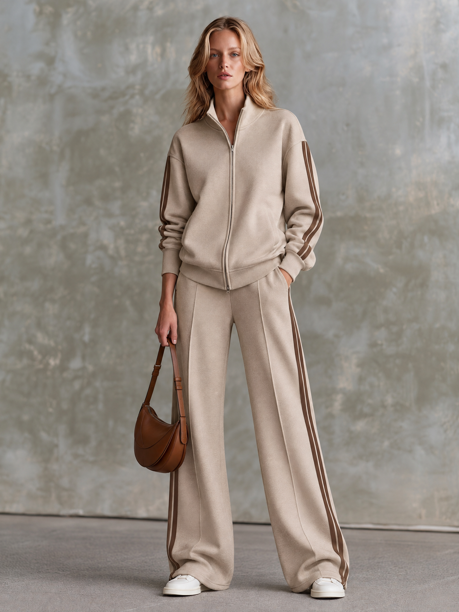 Women's Oatmeal Stand‑Collar Zip‑Up Sweatshirt Jacket & Wide‑Leg Pants With Brown Stripe Trim Two‑Piece Set