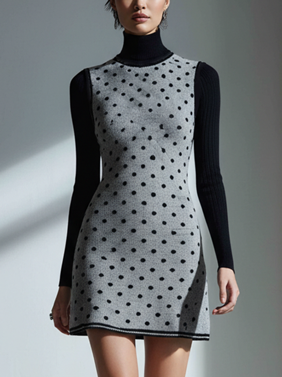 Women's Gray And Black Polka Dot Long-Sleeve Mini Dress MDA1645L9AP