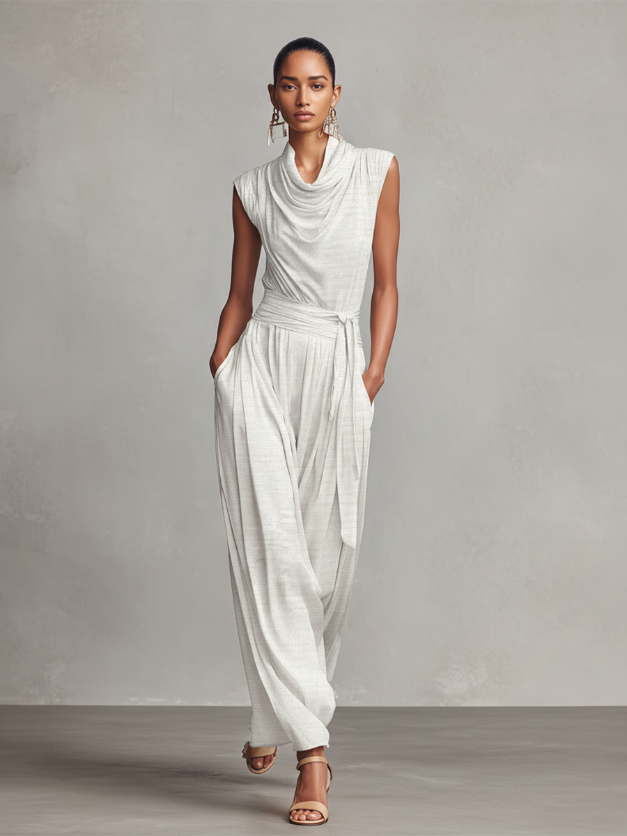 Women's Light Gray Textured Knit Jumpsuit With Cowl Neck & Belted Waist, Timeless Luxe-Elegant Style Jumpsuit MDZ1394A3I