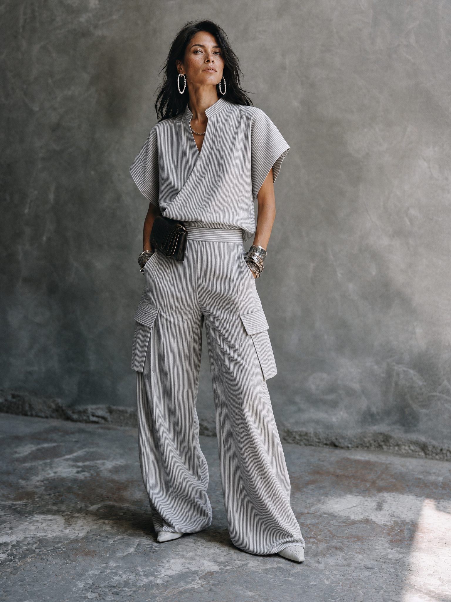 Women's Casual Vacation Gray White Cotton Blend Striped Wrap Top Cargo Pocket Wide-Leg Pants Set MDZ1618G6GMJ