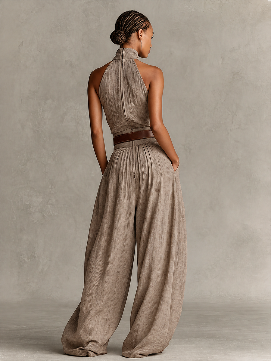Women's Taupe Cotton-Blend Jumpsuit With Halter Neck & Wide-Leg Silhouette, Timeless Boho-Elegant Style Jumpsuit (Without Belt) MDZ0940C3I