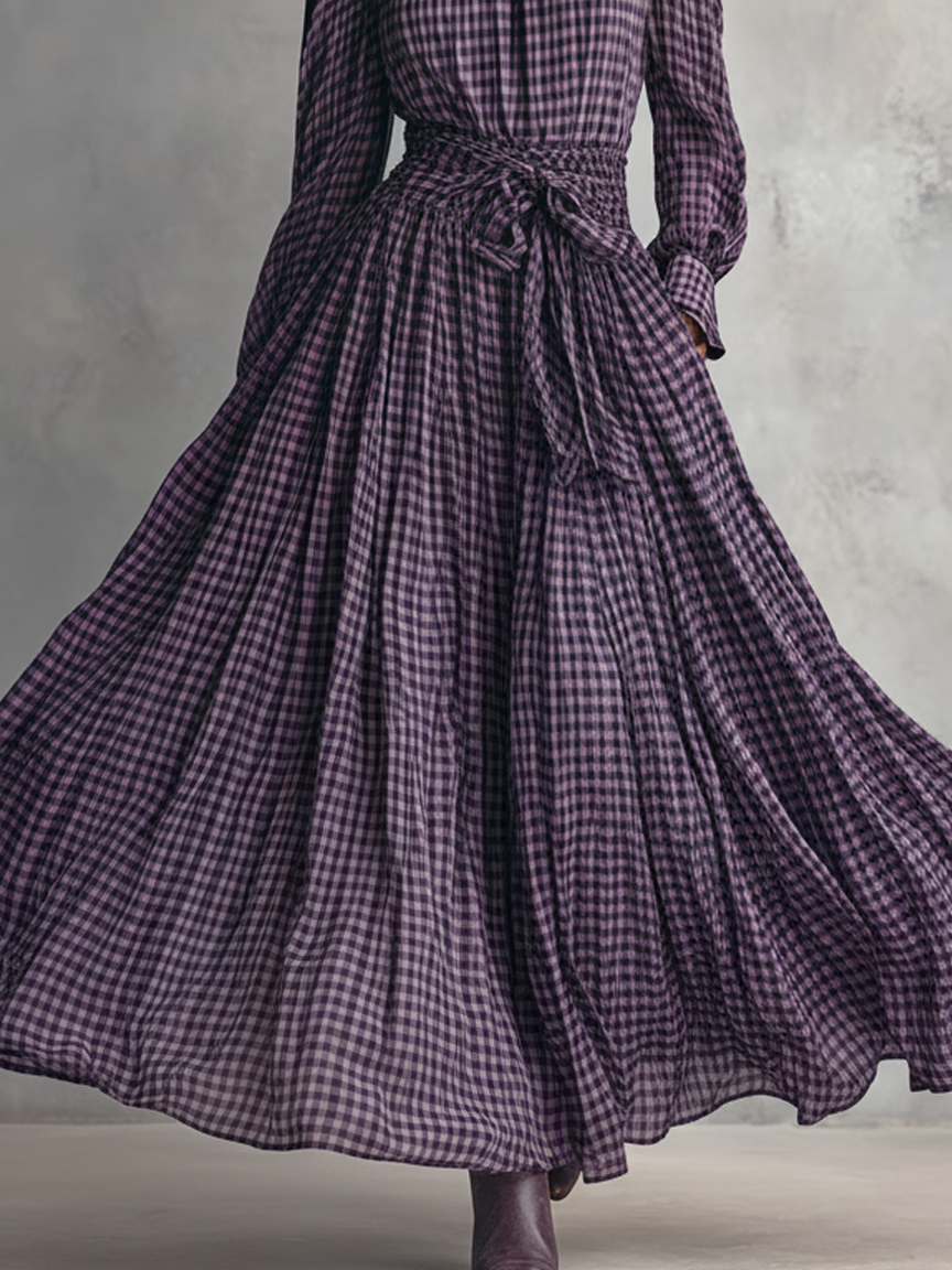 Women's Plaid Blended Half-high Collar Long-sleeved Blouse And Long Skirt Set MDA1676J3Y