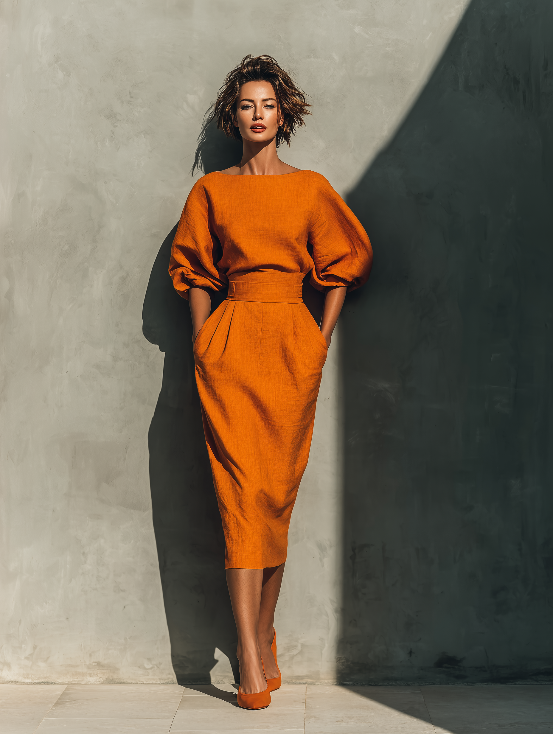 Ladies Orange Cotton-Linen Blend Vibrant Midi Skirt Set MDA2511G6T
