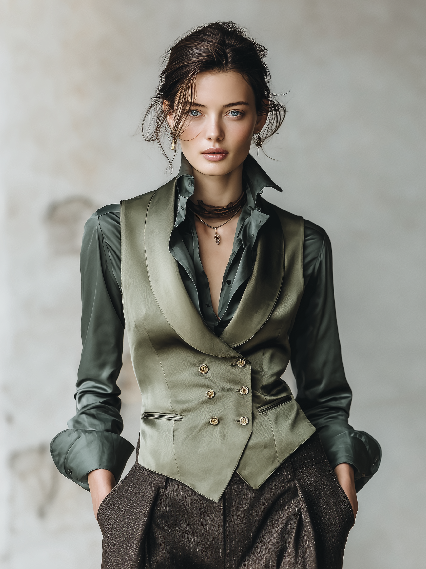 Women's Minimalist Satin Shawl Collar Double-breasted Vest MDA2558K4Y