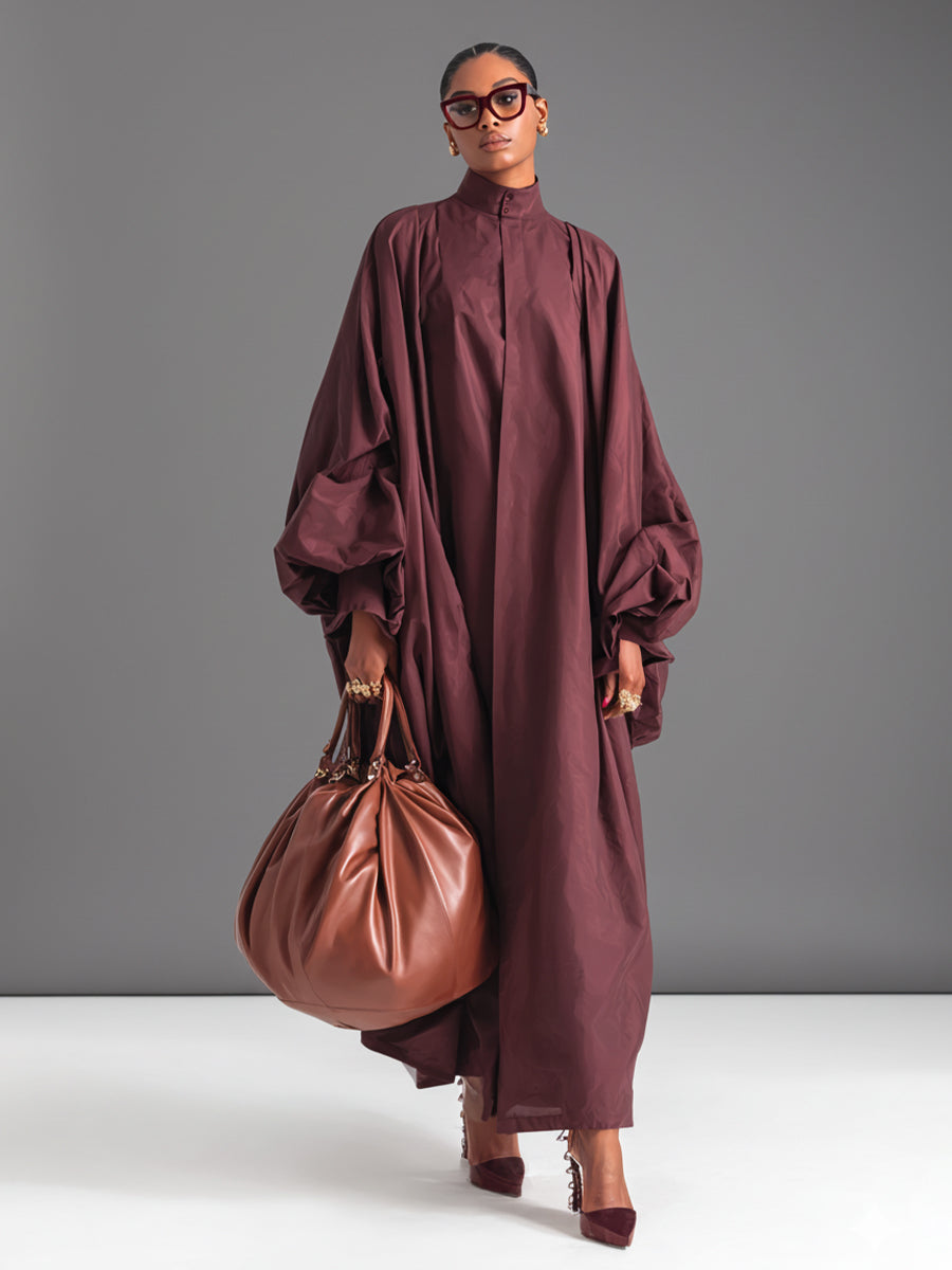 Women's Burgundy Crisp Cotton Avant-Garde Maxi Dress With High Neck & Dramatic Puff Sleeves, High-Fashion Statement Maxi Dress MDA3046J3I