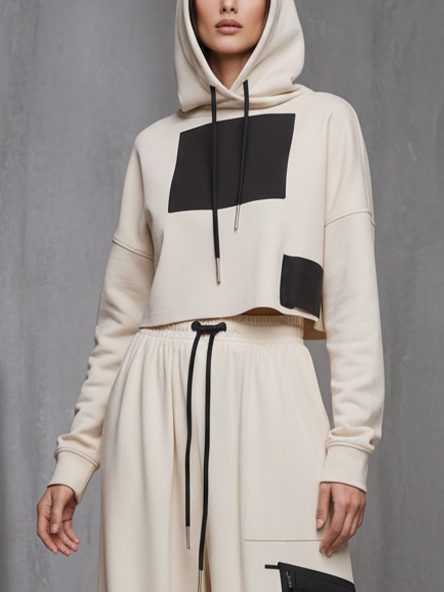 Women's Beige Cotton-blend Color-block Hooded Top And Wide-leg Pants Set MDA1799L1T