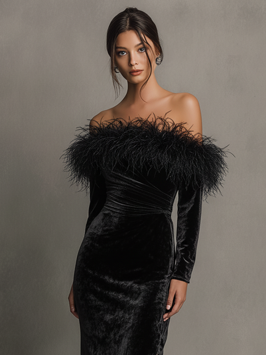 Women's Minimalist Velvet Strapless Long-sleeved Frayed Edge Detail Maxi Dress MDA2823K5Y