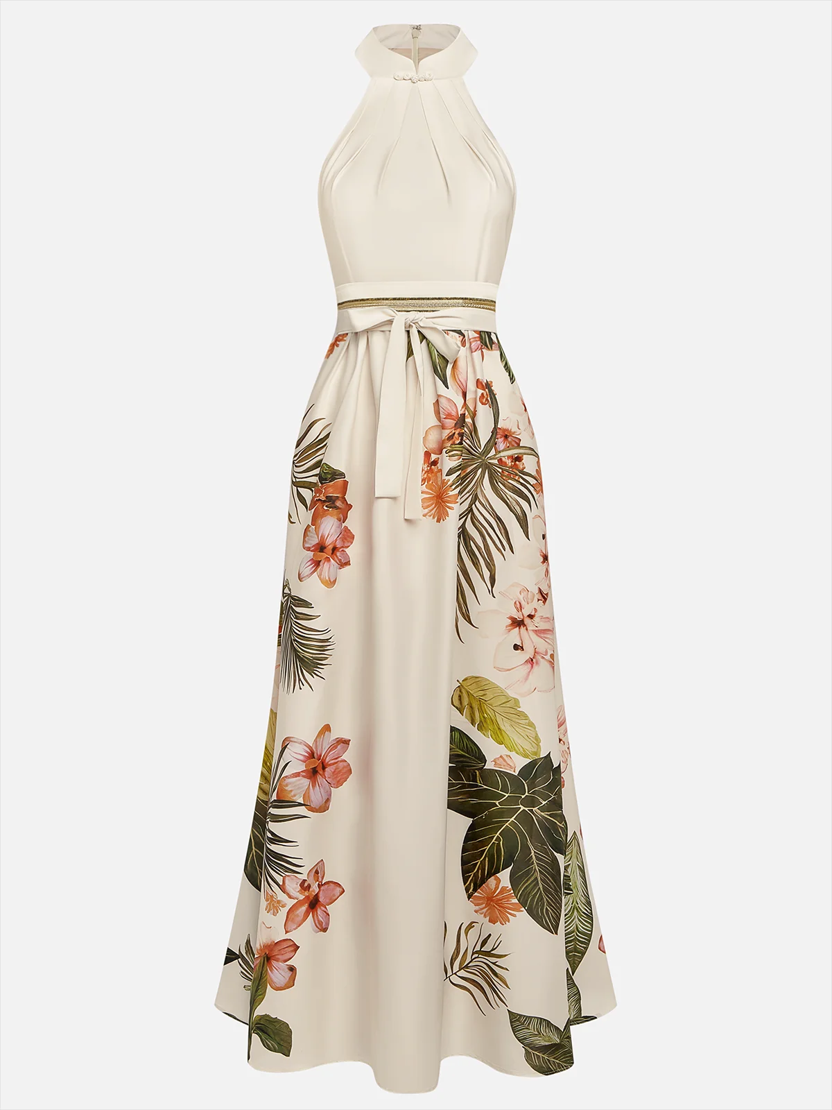 Women's Colorblock Print Halter Neck Maxi Dress With Waist MDA1174F6Y