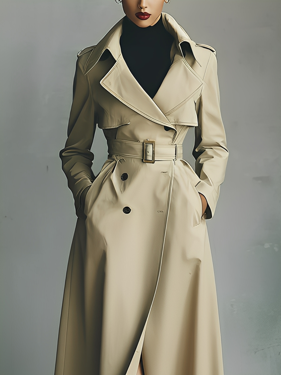 Women's Beige Cotton Blend Double-breasted Belted Long Coat MDA2532K3T