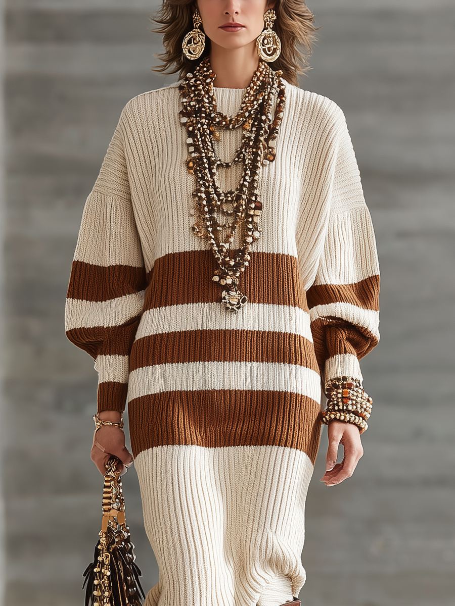 Women's Brown And Off-white Color-Blocked Ribbed Knit Puff Sleeve Midi Dress MDA3147J5T