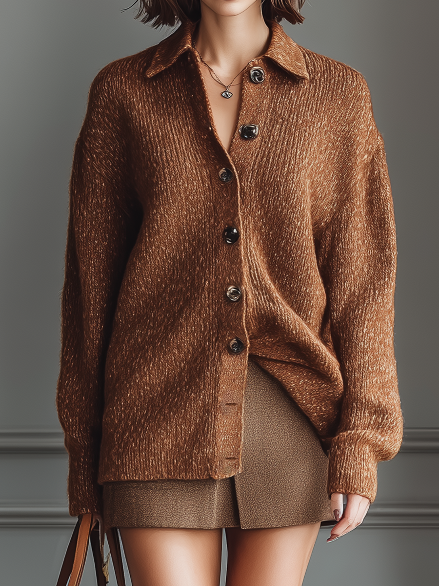 Women's Coffee-colored Knitted Cardigan MDA0136I6T