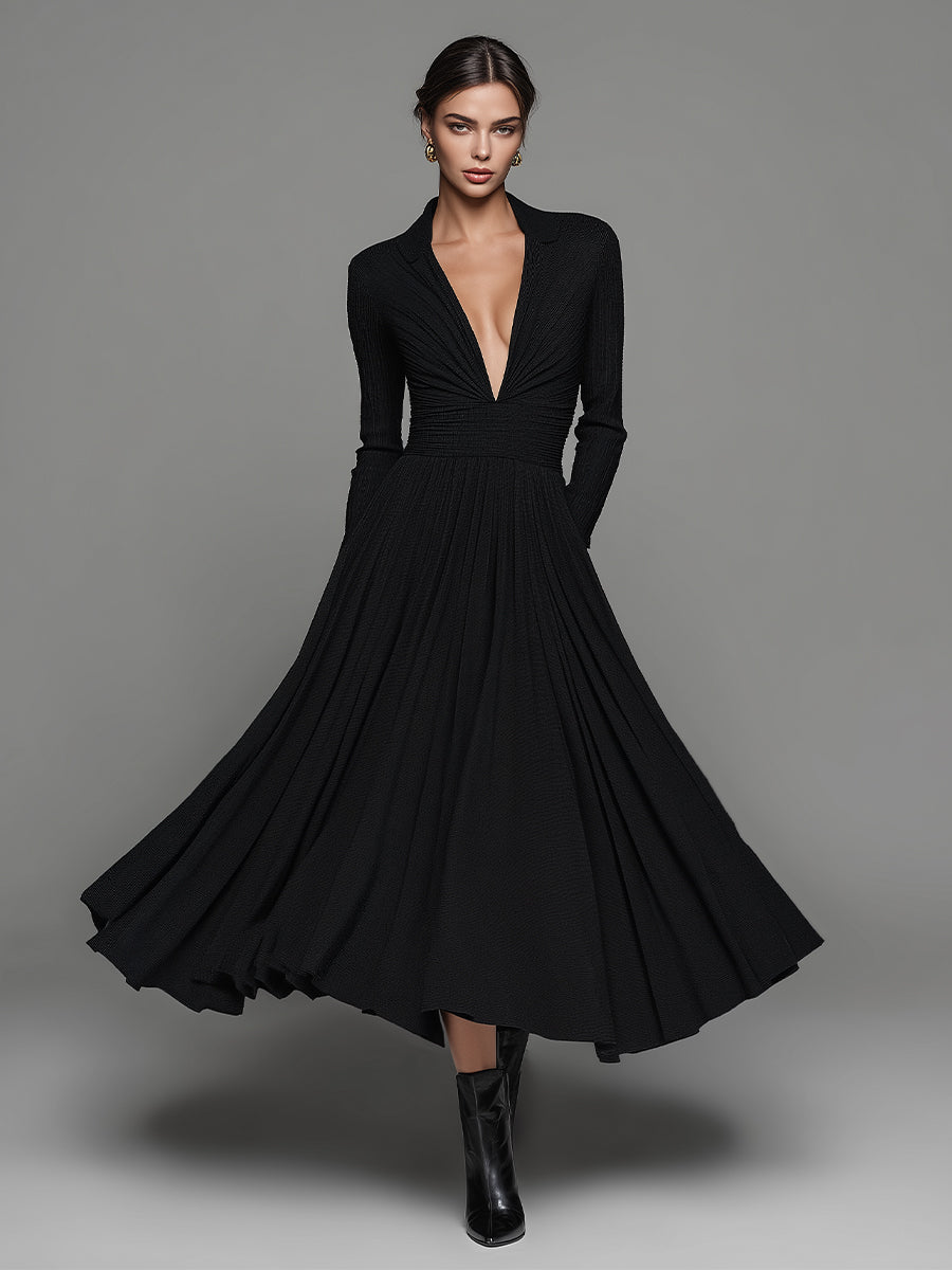 Women's Black Flowing Cotton-Blend Dress With Long Sleeves & A-Line Silhouette, Sophisticated Formal Style Dress MDA1296L5I