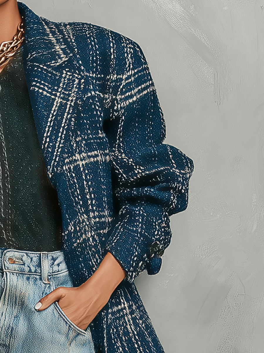 Women's Dark Blue Check Tweed Loose Vintage Jacket MDA2460I7T