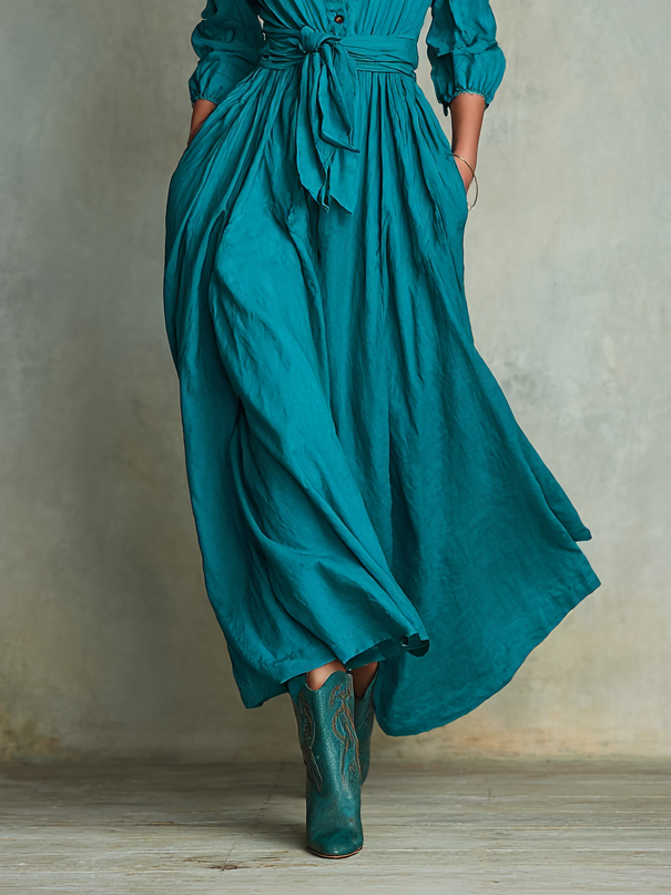 Women's Loose Cotton Blend Long Sleeve Shirt Collar Belt Maxi Dress MDA1682I0Y
