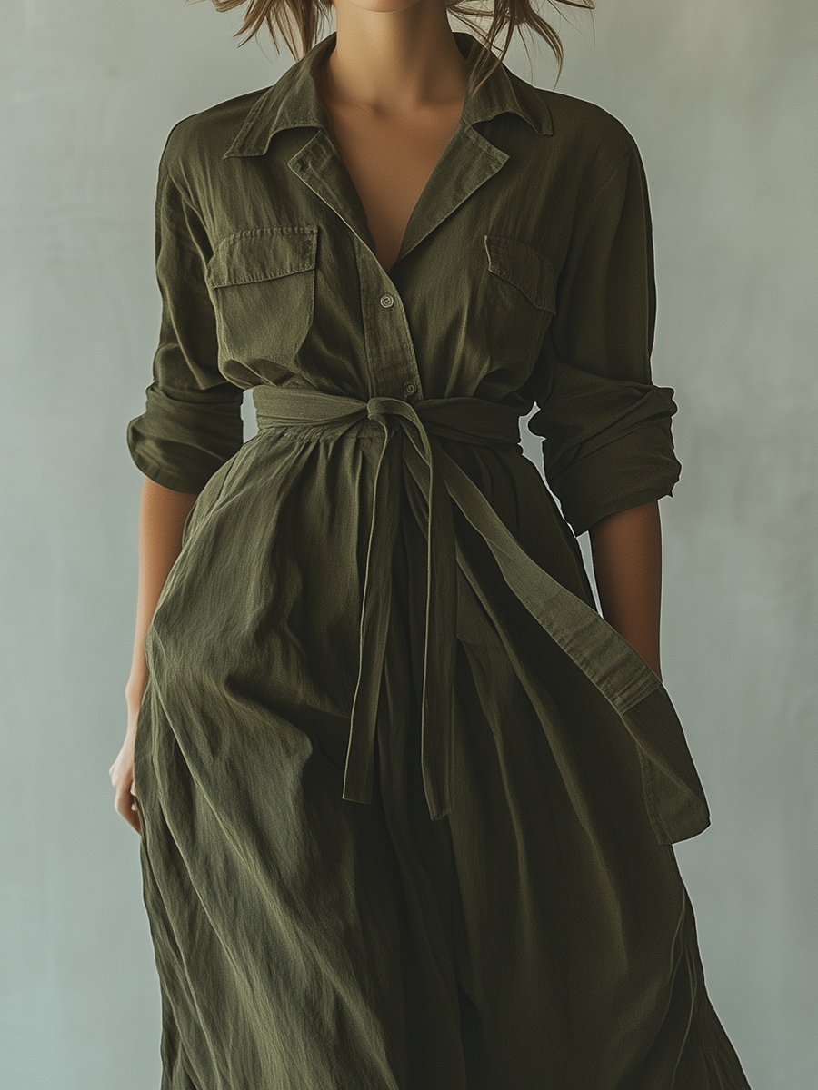 Women's Olive Green Cotton Linen Shirt Maxi Dress MDA2379G6T