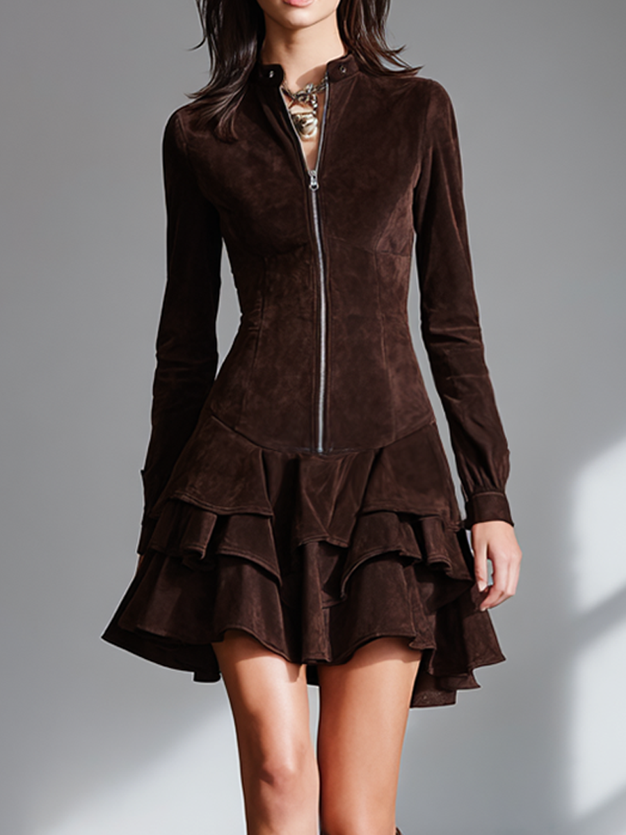 Women's Suede Long Sleeve Ruffled Hem Mini Dress MDA2884K8AP