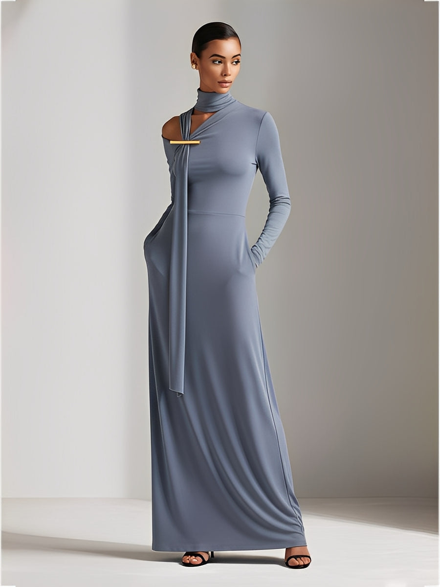 Women's Dusty Gray Stretchy Woven Dress With Turtleneck & Cold-Shoulder Cutout, Timeless Modern-Elegant Style Dress MDA1763L5I