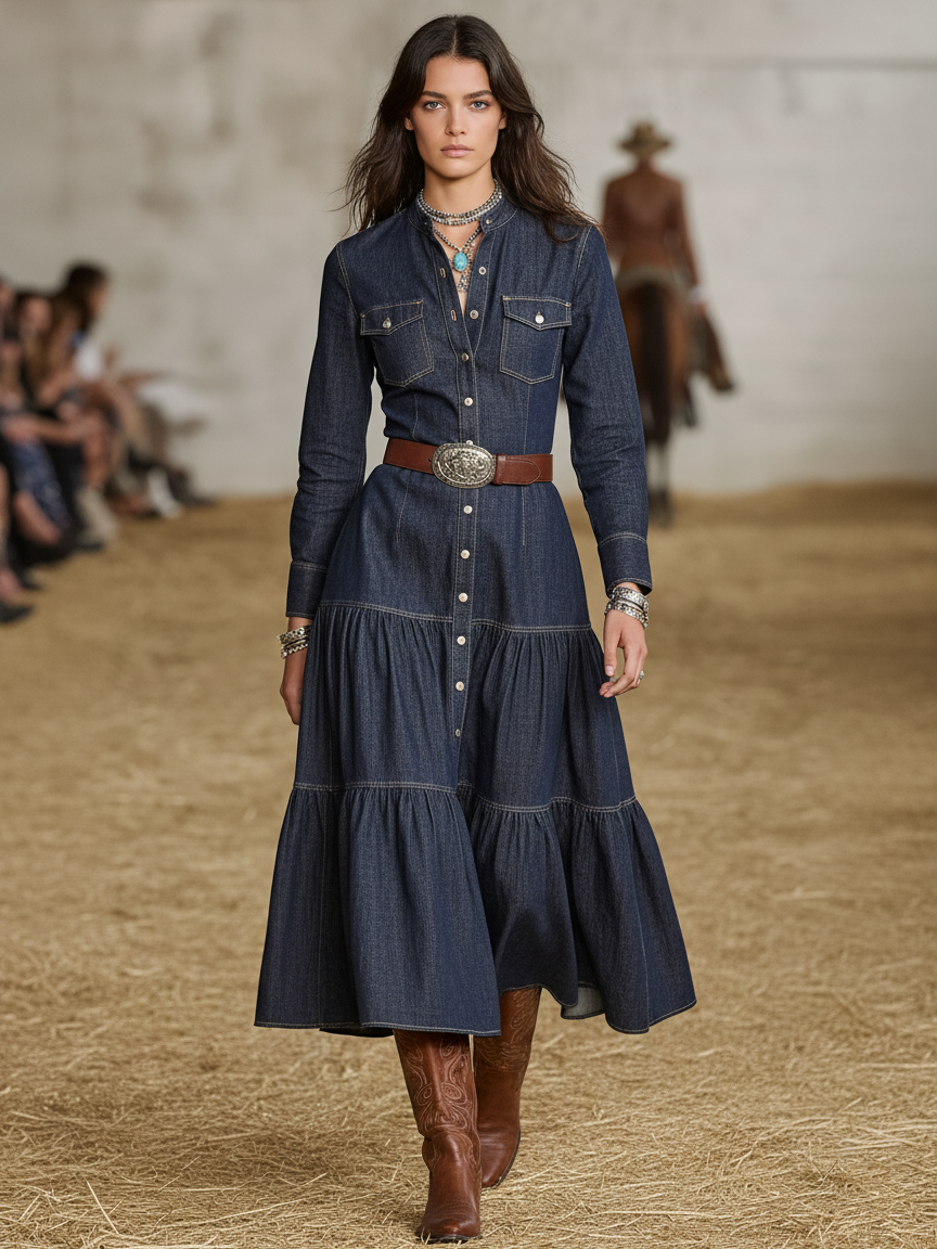 Women's Washed Denim Stand Collar Single-breasted Belt Maxi Dress MDA0576K0Y