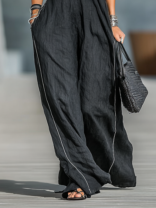 Women's Cotton And Linen Blend White Trim Button Stand Collar Maxi Dress MDA0702H2Y