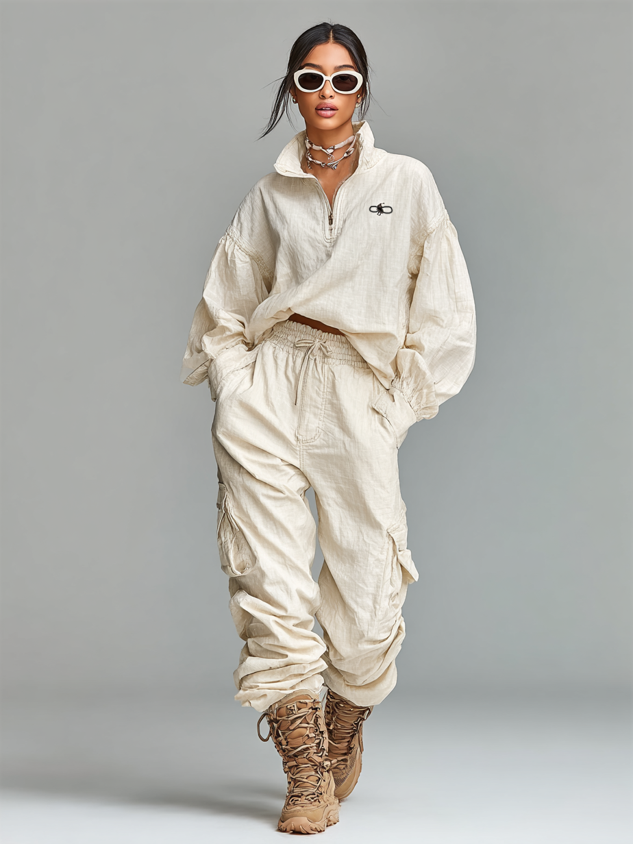 Women's Loose Embroidered Zipper Neck Sweatshirt And Sweatpants Set MDA0796H1Y